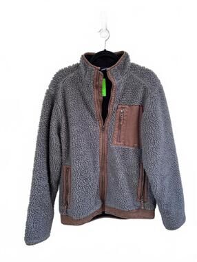 Kavu Made in USA Gray and Brown Sherpa Fleece Jacket with Zip Pockets Mens Small